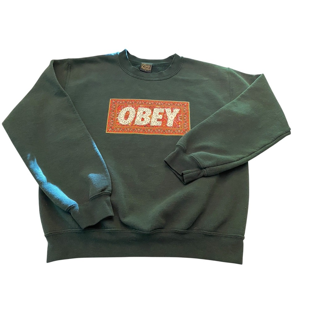 OBEY Crewneck Sweatshirt Small S Forest Dark Green Geometric Mosaic Logo